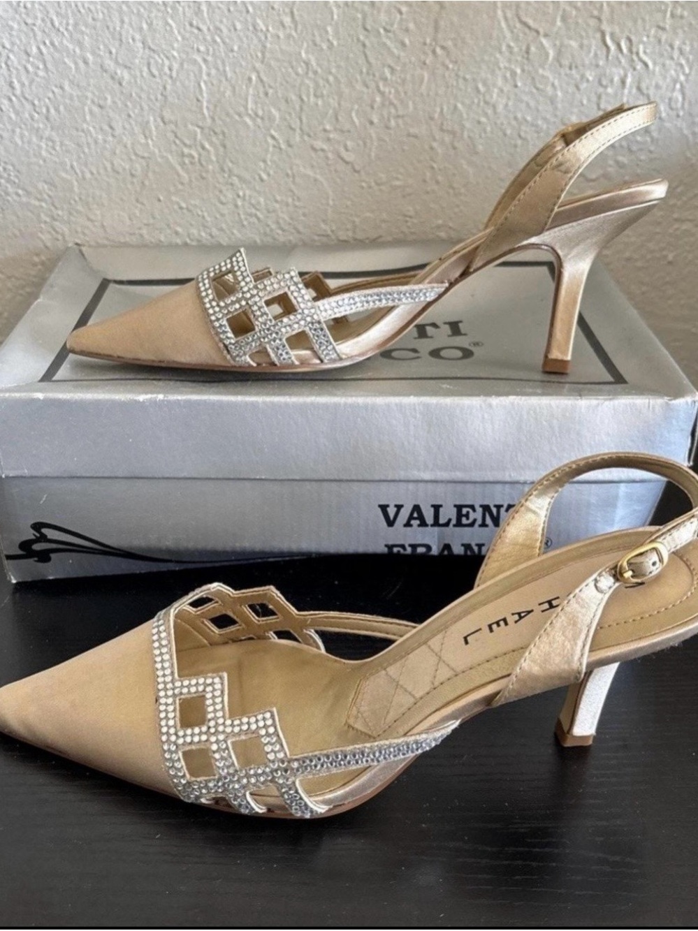 Valenti Franco Gold Satin Slingback Heels with Crystal Strappy Accent